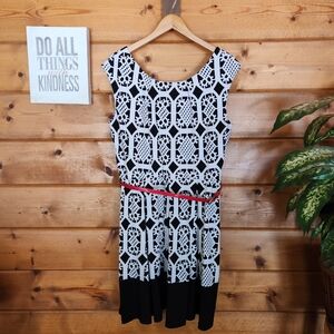 Tiana B Fit Flare Dress A-Line Belted Geometric Stretch Tile Print Pleated Sz 14